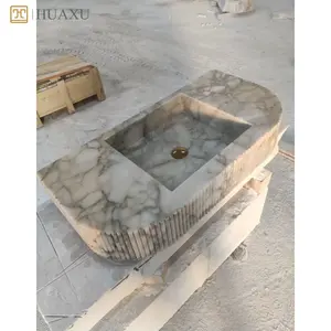 HUAXU Modern Style Calacatta Monet Marble Sink Rectangle Fluting Wall Mounted Basin For Villas Bathroom Vanities