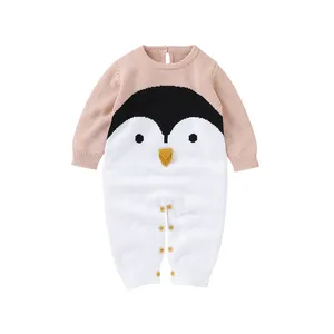بيع بالجملة عالية الجودة الخريف الشتاء ملابس الرضع بذلة لطيف البطريق النمذجة طفل حديثي الولادة رومبير محبوك للأولاد والبنات