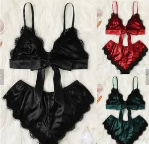 Sfy1036 conjunto de lingerie feminina sexy, conjunto de 2 peças de sutiã de renda de cetim, roupa íntima feminina 2020