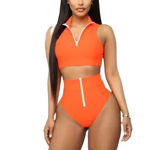 Custom Two Piece Set Women Hot Orange Bikini Plus Size Swimming Top Set