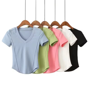 Camiseta de Manga Corta con Cuello en V y Corte Curvo en la Parte Inferior para Mujer, Camiseta Informal de Verano 2023, Tops para Mujer - Product Image 1