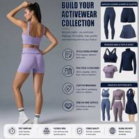 Ensemble de yoga sans couture côtelé lavande personnalisable avec haut court à col rond et short cycliste – Tenue de sport 2 pièces pour femme