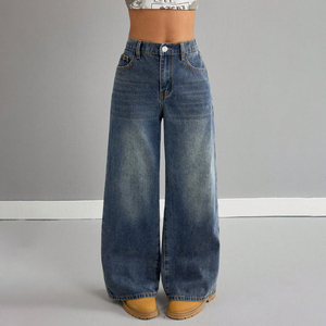 Nouveau lancement : Jean droit bleu décontracté pour adolescente avec boutons et poches, idéal pour tous les jours et toutes les saisons, directement de l'usine. - Product Image 1
