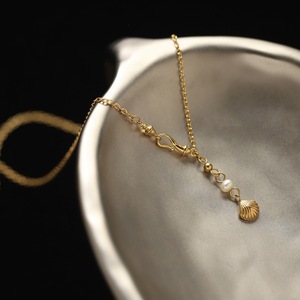 Collar Largo de Acero Inoxidable Francés con Borla de Concha Pequeña y Gancho de <span class=keywords><strong>Marinero</strong></span>, con Perlas Naturales Vintage, que No se Desvanece - Product Image 5