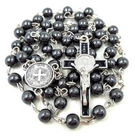 Komi vente en gros religieux catholique noir pierres biliaires hématite perles jésus croix pendentif chapelet perles collier