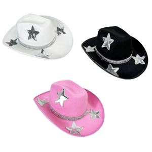 Women's <b>Pink</b> Cloth Cowboy Hat with Sparkling Star Rhinestone <b>Sequins</b> for Bridal Party Wedding Western Theme Accessories - Product Image 1