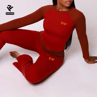 Ensemble de yoga côtelé deux pièces pour femme : haut court à manches raglan color block personnalisé et pantalon évasé – Tenue de sport et de détente