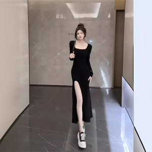 Women Long Sleeve Bodycon Dress Black Solid Color Knitted Stretch High Slit Long Skirt Spring Autumn Wear - Product Image 1