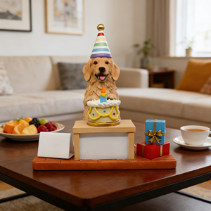 Escultura de Resina de Golden Retriever para Cumpleaños, Adorable Perro con Gorro de Fiesta a Rayas y Pastel con Vela, Celebración de Mascotas Hecha a Mano - Product Image 2