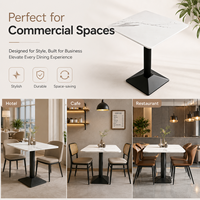 Table sur pieds carrée moderne en pierre frittée, aspect marbre, base en métal noir, coins arrondis, pour hôtel, café, restaurant, personnalisation OEM