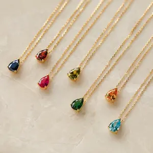 Fast Delivery Personalized Dainty Birthstone Necklace 18k Gold Plated High Polished Unique Teardrop Gemstone Necklace