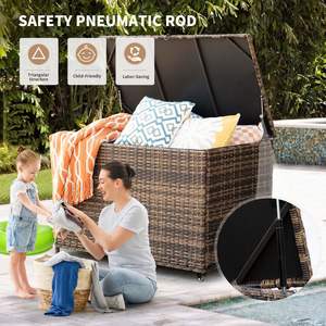 กล่องเก็บของหวาย PE กลางแจ้งกล่องหวายหวายแบบพกพาสำหรับหมอนอิงเฟอร์นิเจอร์ลานพร้อมหมอน2ล้อ (สีน้ำตาล) - Product Image 2