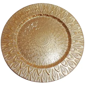 Round Peacock Feather Style Flat Dinner Gold Plastic Charger Plates Emboss Wedding Dishes