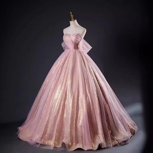Tulle Ball Gown Strapless Empire Waist Pink Sparkle Evening Dress For Women Formal Events - Product Image 3