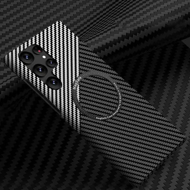 Wireless Charging PC Material Carbon Fiber Texture Shockproof Strong Magnetic Mobile Phone Case for S21/S22/S23 Ultra