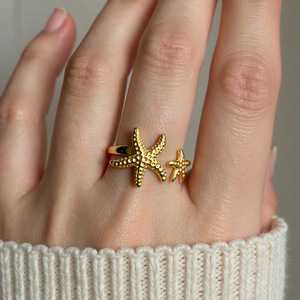 European American Style Starfish Moon Fish Tail <b>Ring</b> 18K Gold Color Titanium Steel Unisex Jewelry Gift - Product Image 4