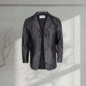 Men's Genuine <b>Leather</b> <b>Blazer</b> Notched Lapel Single Breasted Regular Fit Black Outerwear - Product Image 5