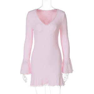 Vestido de Otoño con Cuello en V para Mujer, Ropa de Fiesta, Elegante Vestido Ajustado con Mangas Acampanadas y Encaje en la Cadera - Product Image 6