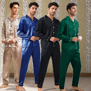 Ensemble de pyjamas pour hommes <span class=keywords><strong>en</strong></span> satin de <span class=keywords><strong>soie</strong></span> de luxe avec logo personnalisé, 2 pièces, respirant, manches longues, uni, vêtements de nuit - Product Image 2