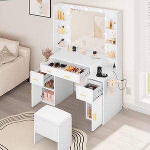 <span class=keywords><strong>Tocador</strong></span> Moderno Minimalista <span class=keywords><strong>Blanco</strong></span> con Panel de Madera, Espejo LED, Cajones de Almacenamiento y <span class=keywords><strong>Taburete</strong></span> <span class=keywords><strong>para</strong></span> Maquillaje, Ideal <span class=keywords><strong>para</strong></span> Apartamentos Pequeños - Product Image 5