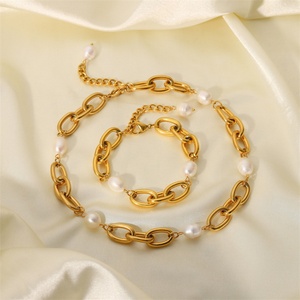 Chunky 12 mm <b>Pearl</b> Necklace Stainless Steel 18k Gold Plated Chain Bracelet Women Fashion Jewelry <b>Sets</b> - Product Image 3