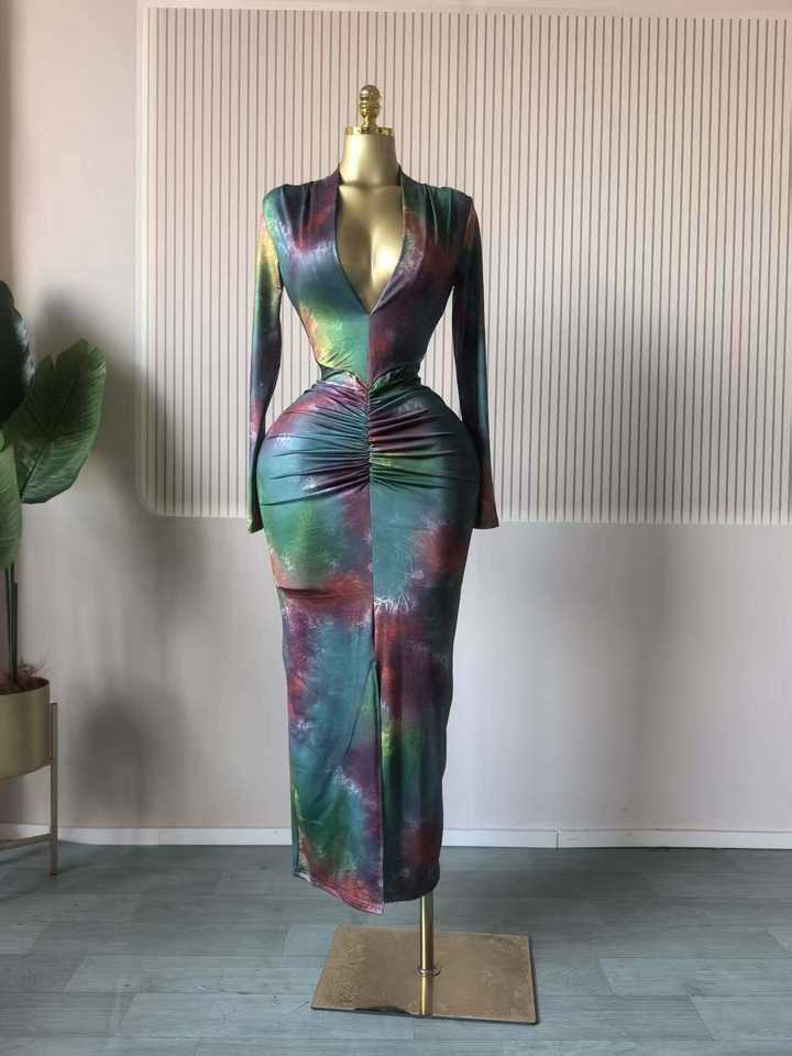 STOCK 4Colors Print V-NECK Women's Dress Long Sleeve Ruched Casual ...