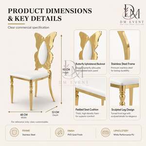 Chaise d'événement en acier inoxydable doré avec dossier papillon et coussin blanc pour mariages et banquets d'hôtel – Vente en gros de sièges - Product Image 4