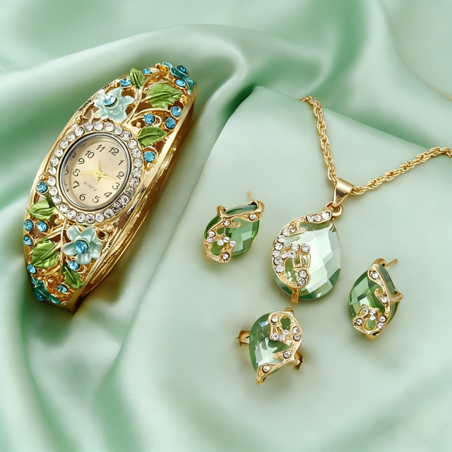 LP46 Elegant Ladies Retro Palace Style New Watch Necklace Earrings Jewelry Set Alloy Quartz Watches 4 PCS Set Luxury Lady Gifts