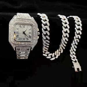 3 uds Iced Out collar pulsera Relojes Rhinestone 13MM Miami cadenas cubanas colgantes Bling <span class=keywords><strong>reloj</strong></span> de <span class=keywords><strong>oro</strong></span> <span class=keywords><strong>para</strong></span> hombres conjunto de joyería - Product Image 3