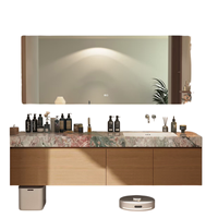 Ensemble de meuble-lavabo intelligent de style hôtelier minimaliste avec vasque monobloc en dalle de roche thermoformée, miroir intelligent et éclairage LED, étanche IPX4