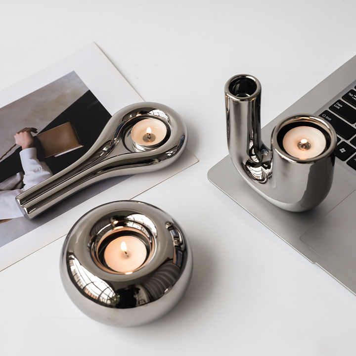 Popxstar  Modern Electroplated Ceramic Silver Candlestick Ornaments Round Candle Pedestal Ins Style Desktop Home Decoration