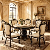 Luxuriöses Europäisches Rundes Massivholz-Esszimmer-Set mit Marmorplatte und Drehplatte, Cremefarbene PU-Lederstühle für Villa und Zuhause, Großhandel