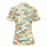 Kemeja Golf Retro Wanita Warna Krem dengan Cetakan Pemandangan Golf Tropis Lengan Pendek Slim Fit Cepat Kering untuk Golf dan Liburan di Resort