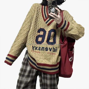 Suéter de punto grueso estilo preppy vintage con bloques de color y cuello en V grande para mujer, diseño holgado y casual con hombros descubiertos para otoño - Product Image 3