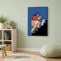 Décoration murale moderne : portrait de dessin animé homme avec chien sur escalier, peinture sur toile, illustration colorée et plate, impression pour salon et décoration intérieure