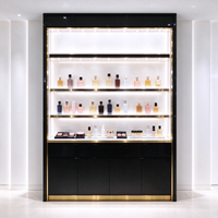 Présentoir à parfums noir et or en verre, comptoir îlot, étagères murales, boîte à lumière, affiche CE ETL pour magasin de beauté