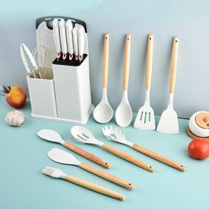 Newest 19-piece Set of Silica Gel Kitchen Utensil Set With Wooden Handle and Cuttings Board <b>Storage</b> Bucket Kitchen Gadget - Product Image 2