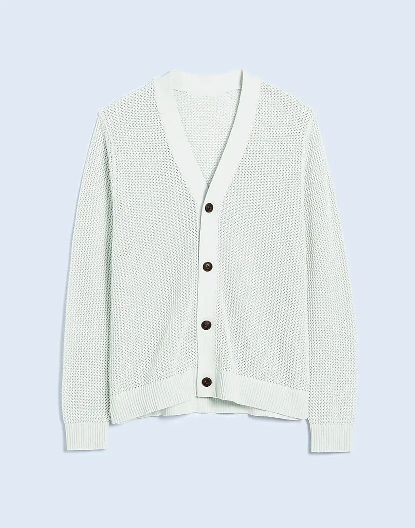 Custom Men's Knitwear Cardigan Fashion Hollow Out Mesh Knit Cardigan Contrasting Buttons Cool Breathable Knitted Sweater