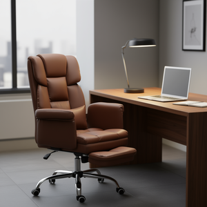 Silla Ejecutiva de Oficina en Cuero Marrón con Reposapiés, Soporte Lumbar, Giratoria y Altura Ajustable para Trabajo - Product Image 2