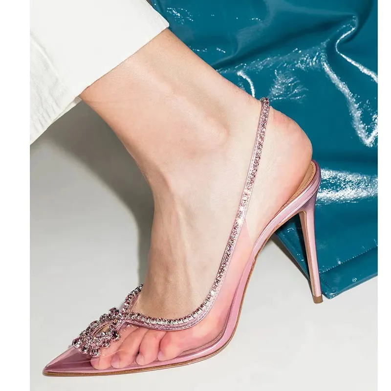 Zapatos de tacón superalto con diamantes de imitación para mujer, sandalias de fiesta para club nocturno, con punta de diamante, color rosa, 2023