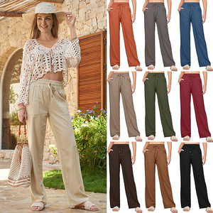 Pantaloni lunghi da <span class=keywords><strong>donna</strong></span> in cotone a vita alta Casual pantaloni larghi a gamba dritta - Product Image 1