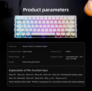 Clavier mécanique filaire Kavlorn N61 60% avec éclairage mixte, 61 touches, mini clavier espagnol fin pour <span class=keywords><strong>jeux</strong></span> et ordinateur de bureau, anti-ghosting - Product Image 6