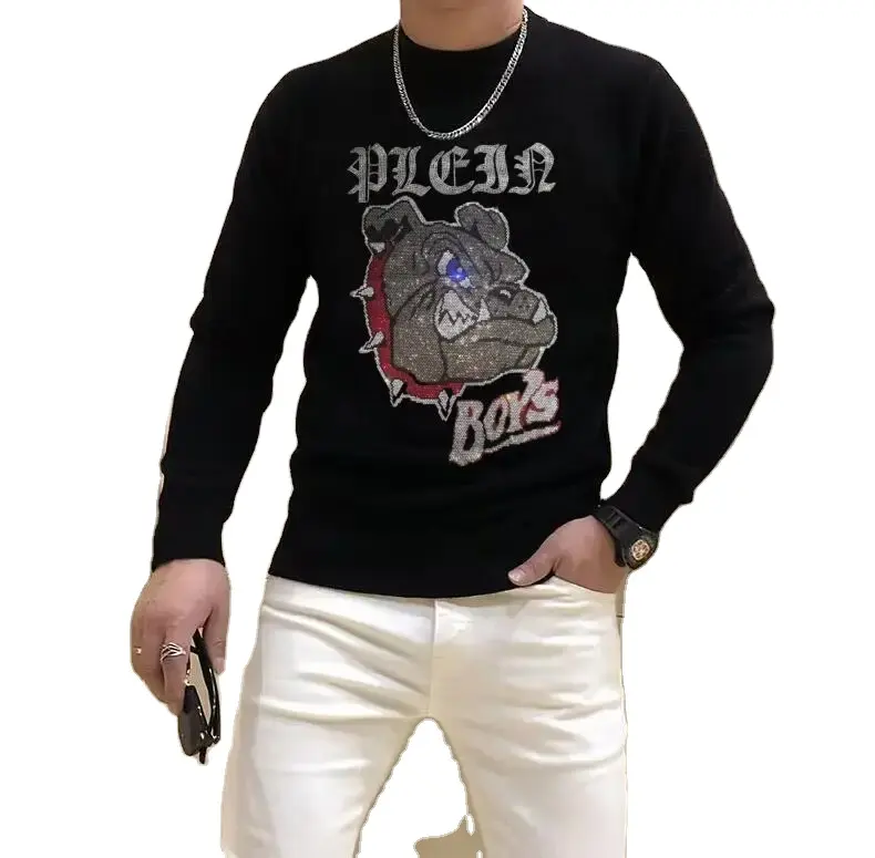 Best quality luxury Plein brand pure cashmere O-neck Rhinestones sweater for man wholesale