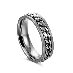 Factory Bulk Sale Punk Style Stainless Steel Biker <b>Silver</b> Men's <b>Ring</b>, Flat Cuban Link Chain <b>Spinner</b> <b>Ring</b> - Product Image 3