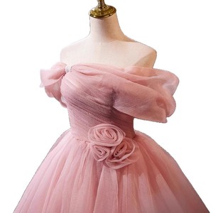 Pink Off The Shoulder Chiffon Ball Gown Empire Waist Evening Dress For Women - Product Image 5