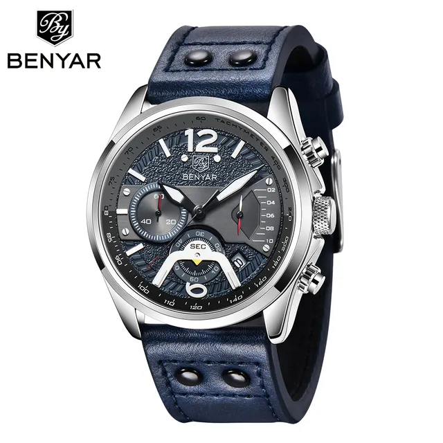 Benyar BY-5171 Design Top Brand Men Quartz Watches Men's Leather Watch High-end Leather Watch Sport Chronograph Reloj