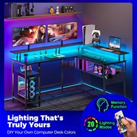 Bureau d'angle en L réversible en bois avec éclairage LED, prise de courant, port USB et support d'écran noir