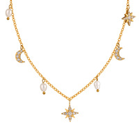 Collier ras du cou en acier inoxydable de qualité bijouterie, chaîne fine Belcher, plaqué or PVD coloré, avec mini-breloques étoile, lune et soleil