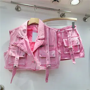 Mode retro rosa große Taschen Denimanzug Frühjahr Sommer ärmellos Kurzweist hohe taille Hüft gewindeter Rock Damen 2-teiliges Set