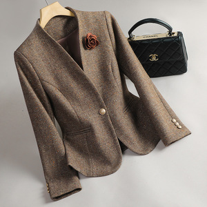 Women's Wool Blazer <b>Coffee</b> Colored Solid Color Anti-Wrinkle Petite Slim Fit Autumn Winter 2024 Style - Product Image 1